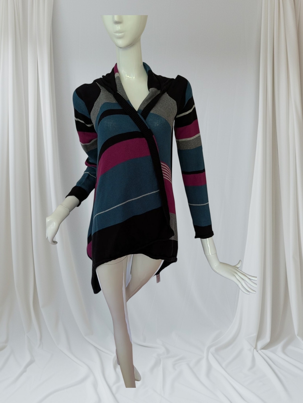 John + Jenn Striped Hooded Cardigan in Teal, Magenta & Black